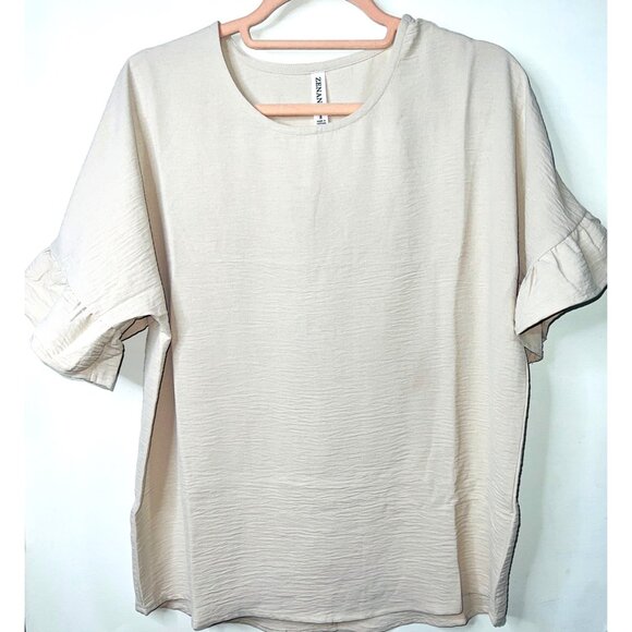 Zenana Crinkle Texture Beige Short Sleeve Top With Ruffle Detail S 100% Polyeste - Picture 1 of 5